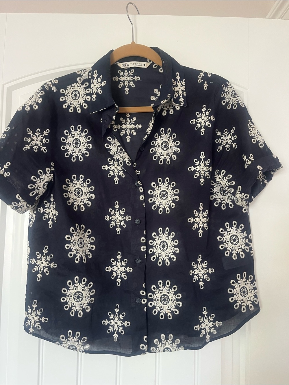 Zara Navy Shirt with White Floral Embroidery